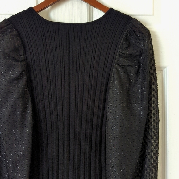 Anthropologie Ribbed Knit Scoop Neck Sheer Shimmer Puff Sleeve Sweater Black S - Picture 9 of 10